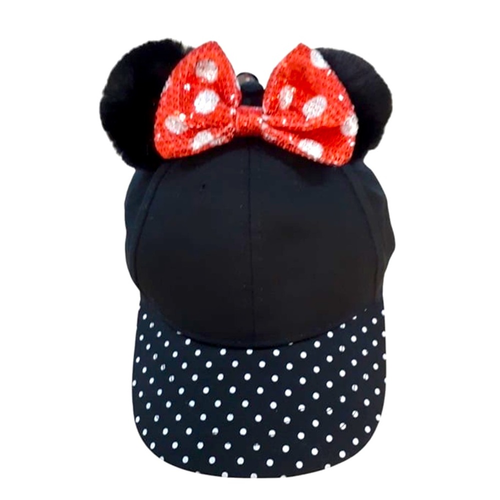 🏰 NWT Disney Junior Minnie Hat w/ "Puff Ball" Ears & Sequin Bow - Kids Size O/S